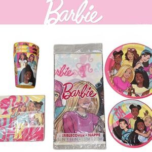 Barbie Disposable Tableware Set - Pink and Yellow